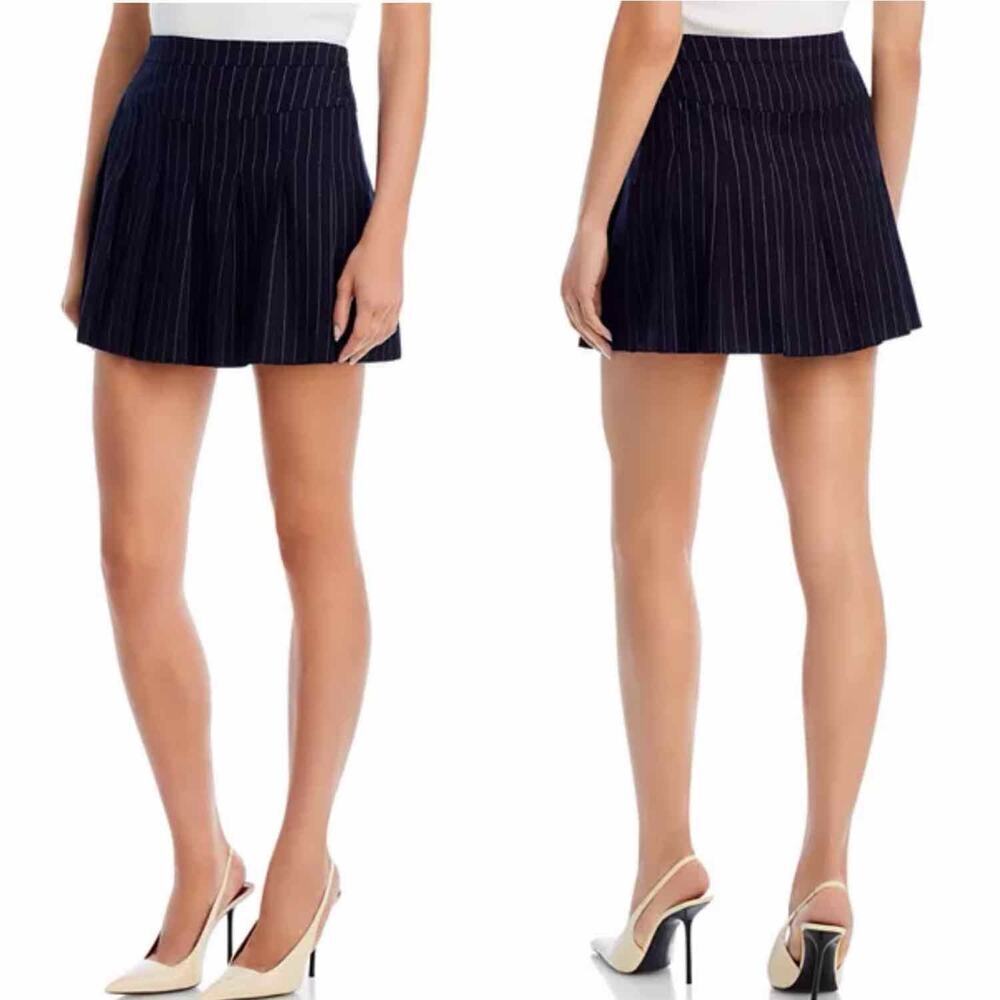 Avec Les Filles Pleated Beige Navy Pinstripe Mini Skirt Size XS